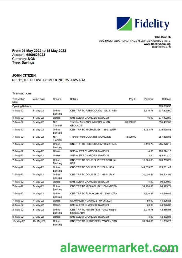 Nigeria Fidelity bank statement